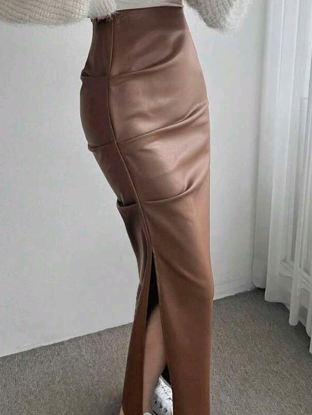 Women's Brown Faux Leather Midi Skirt